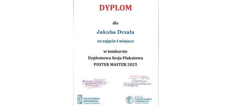 Dyplom inż. Jakuba Drzała za zajęcie I miejsca